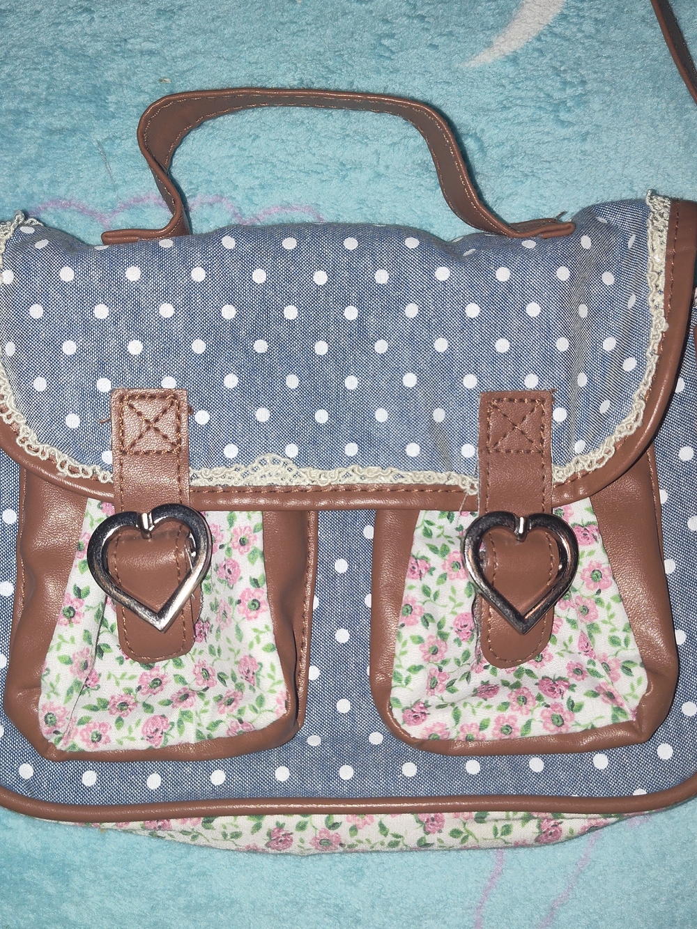 Claire's Blue Polka Dot Floral Satchel with Brown Trim